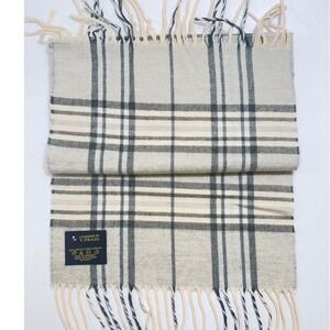 V Fraas Cashmink Plaid Scarf Beige Black White Fringe Made in Germany